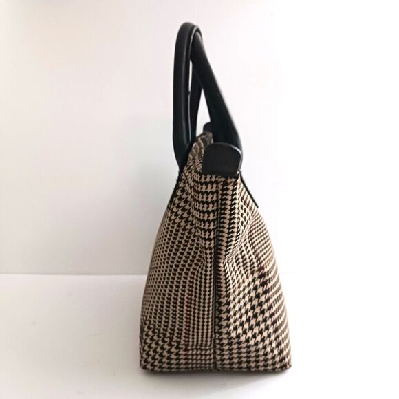 VTG Lauren Ralph Lauren Brown Houndstooth Plaid Small Tote Leather Trim - Picture 4 of 10